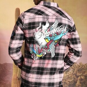 Boohoo Man Large Plaid Flannel Heartless Button Up Ed Hardy Style Design Cotton